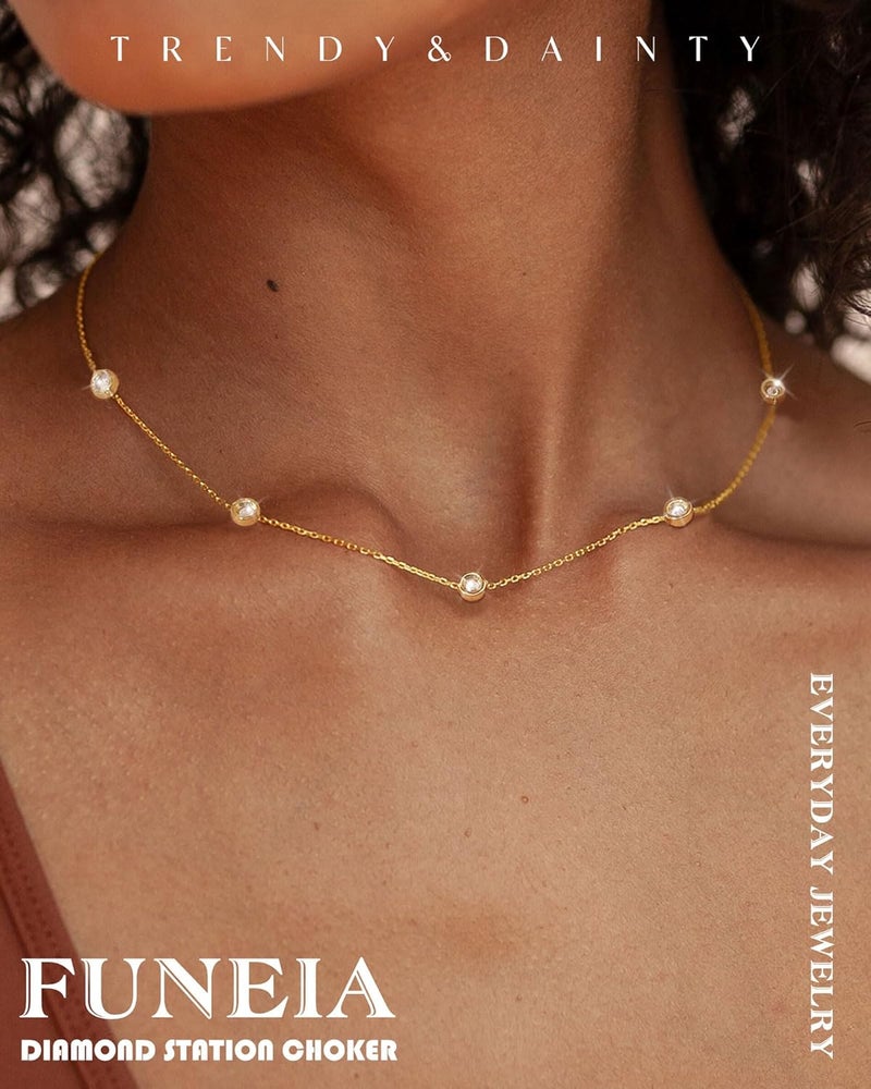 FUNEIA Dainty Silver Gold Necklaces for Women Trendy Non Tarnish 14K Gold Plated Cubic Zirconia Necklace Layered Cute Butterfly Heart Station Choker Necklace Stack for Wedding Prom Brides Jewelry - Image 2